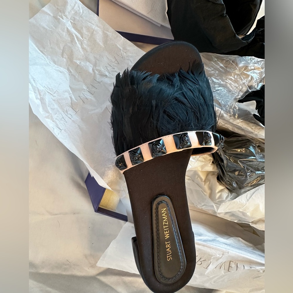 Stuart Weitzman Black Flats With Studs & Feathers… - image 1